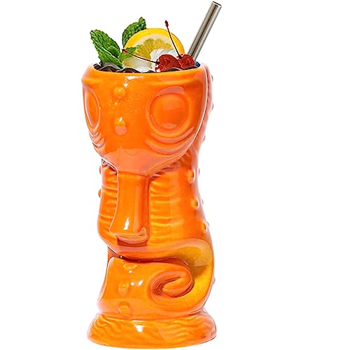 NUACOS Tiki Mug 360ml/13oz Tiki Keramik Becher Schöne Seepferdchen Neuheit Tiki Cocktail Mug für Hawaiian Party Barware Bar Dekoration Zubehör,Orange,360ML von NUACOS