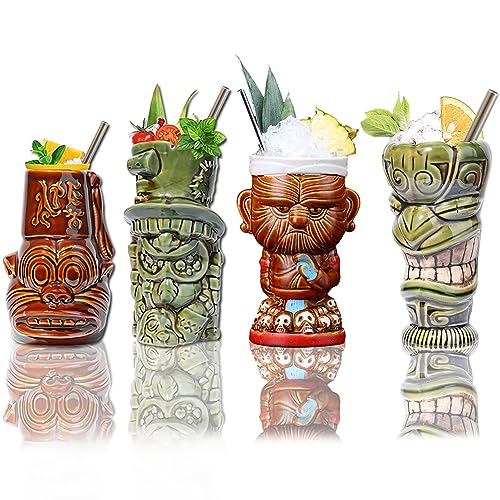 NUACOS Tiki Mug Set of 4 Keramik kreativen Schönen Becher im Tiki Stil Große Hawaiianische Party Getränke Becher Party Barzubehör Bar Dekorationen von NUACOS