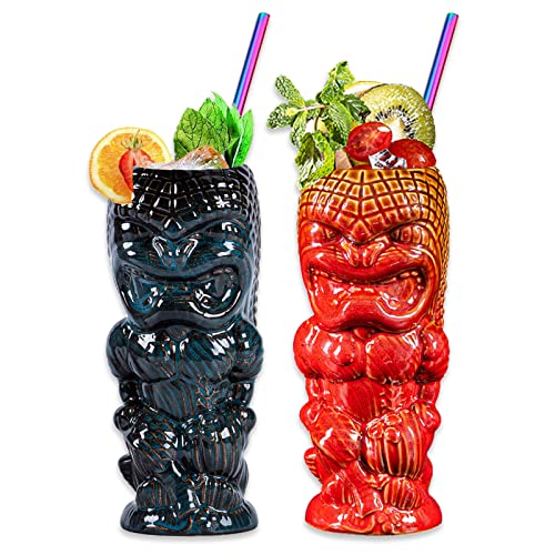 NUACOS Tiki TassenSet - Tiki Becher - Tiki Mugs - 2er Set - Keramik - Cocktailbecher,hawaiianische Party,niedlicheexotische Cocktailgläser, Tiki Cocktail Party - 550Ml von NUACOS