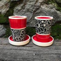 Einzigartige Handgemachte Sgraffito Keramik Tassen Set - Steingut Kaffee Geschenk Tasse Kaffeetasse Urlaub Unikat von NUAtelierStudio