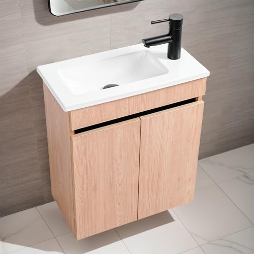 NUESTRA VIDA Badmöbel Set 2-teilig 50 cm Waschbecken mit Unterschrank Eiche Farbe, Badezimmermöbel mit Waschtisch für Gäste WC, Kein Pop-up-Abfluss und Armatur von NUESTRA VIDA