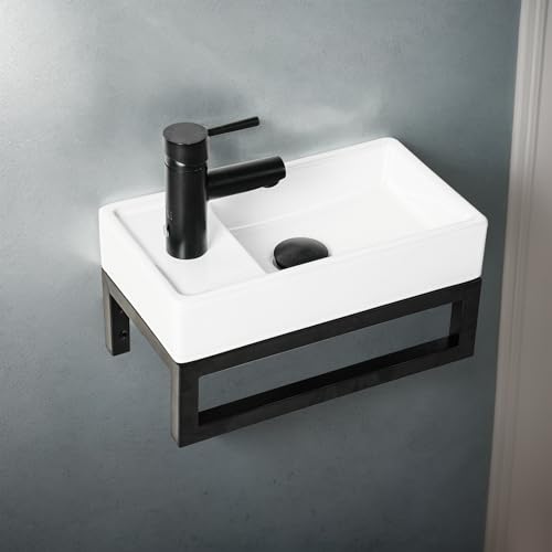 NUESTRA VIDA Gäste WC Waschbecken mit Metallgestell Schwarz 40x22x24 cm, Mini Hängewaschbecken für Badezimmer Rechteckiges Waschtisch mit Überlaufloch, Ohne Pop-up-Abfluss und Armatur von NUESTRA VIDA