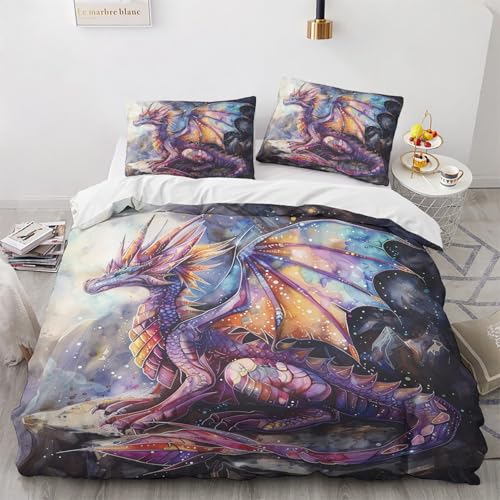 NUEYSP Bettwäsche 155x220 Drache Bettwäsche-Sets 3D-Motiv, Mikrofaser, 1 Bettbezug 155x220 + 1 Kissen 80x80 mit Verdecktem ReißVerschluss für Mädchen Jungen. von NUEYSP