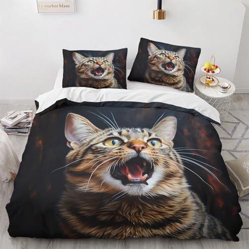 NUEYSP Bettwäsche 155x220 Graue Katze Bettwäsche-Sets 3D-Motiv, Mikrofaser, 1 Bettbezug 155x220 + 1 Kissen 80x80 mit Verdecktem ReißVerschluss für Mädchen Jungen. von NUEYSP