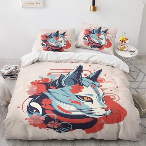 NUEYSP Bettwäsche 155x220 Katze Bettwäsche-Sets 3D-Motiv, Mikrofaser, 1 Bettbezug 155x220 + 1 Kissen 80x80 mit Verdecktem ReißVerschluss für Mädchen Jungen. von NUEYSP