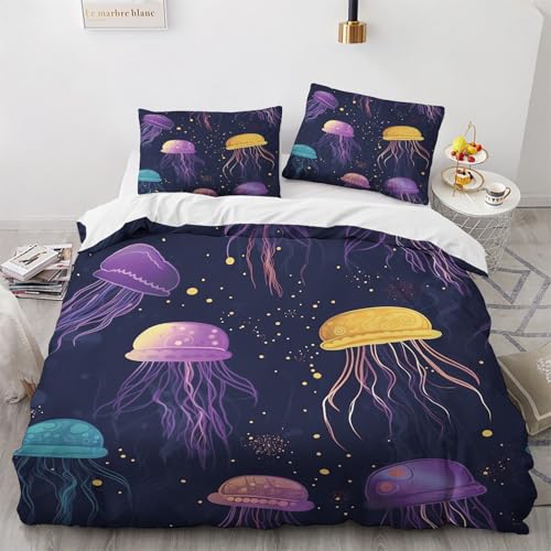 NUEYSP Bettwäsche 155x220 Qualle Bettwäsche-Sets 3D-Motiv, Mikrofaser, 1 Bettbezug 155x220 + 1 Kissen 80x80 mit Verdecktem ReißVerschluss für Mädchen Jungen. von NUEYSP