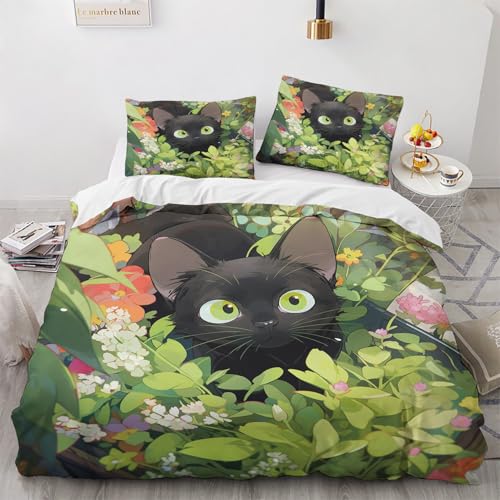 NUEYSP Bettwäsche 155x220 Schwarze Katze Bettwäsche-Sets 3D-Motiv, Mikrofaser, 1 Bettbezug 155x220 + 1 Kissen 80x80 mit Verdecktem ReißVerschluss für Mädchen Jungen. von NUEYSP