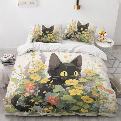 NUEYSP Bettwäsche 155x220 Schwarze Katze Bettwäsche-Sets 3D-Motiv, Mikrofaser, 1 Bettbezug 155x220 + 1 Kissen 80x80 mit Verdecktem ReißVerschluss für Mädchen Jungen. von NUEYSP