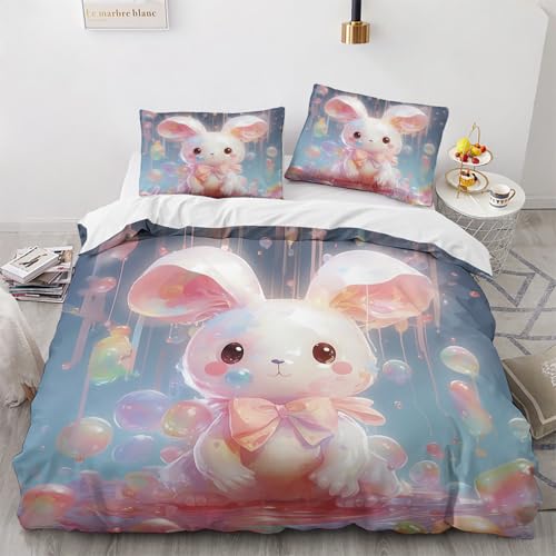 NUEYSP Bettwäsche 155x220 Weißes Kaninchen Bettwäsche-Sets 3D-Motiv, Mikrofaser, 1 Bettbezug 155x220 + 1 Kissen 80x80 mit Verdecktem ReißVerschluss für Mädchen Jungen. von NUEYSP