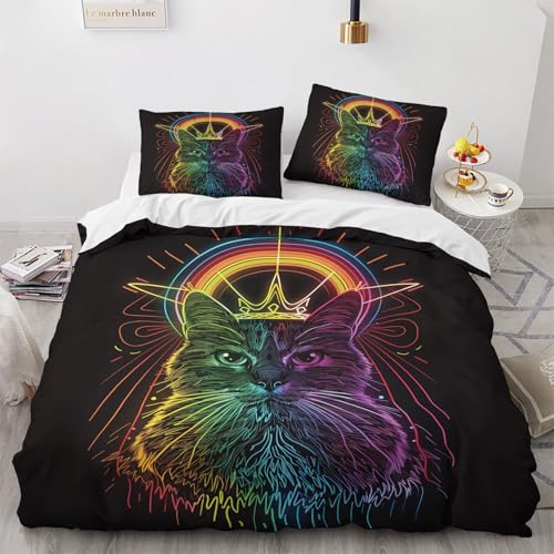 NUEYSP Bettwäsche 200x200 Katze bunt Bettwäsche-Sets 3D-Motiv, Mikrofaser, 1 Bettbezug 200x200 + 2 Kissen 80x80 mit Verdecktem ReißVerschluss für Mädchen Jungen. von NUEYSP