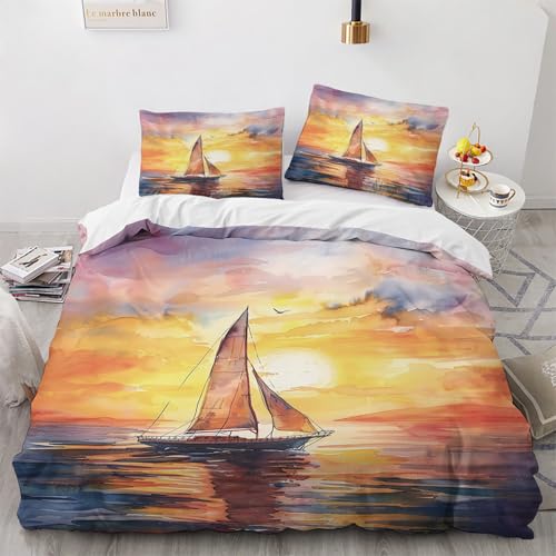 NUEYSP Bettwäsche 200x200 Segelboot Bettwäsche-Sets 3D-Motiv, Mikrofaser, 1 Bettbezug 200x200 + 2 Kissen 80x80 mit Verdecktem ReißVerschluss für Mädchen Jungen. von NUEYSP