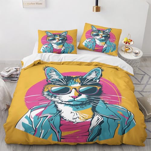NUEYSP Bettwäsche 200x220 Katze Bettwäsche-Sets 3D-Motiv, Mikrofaser, 1 Bettbezug 200x220 + 2 Kissen 80x80 mit Verdecktem ReißVerschluss für Mädchen Jungen. von NUEYSP