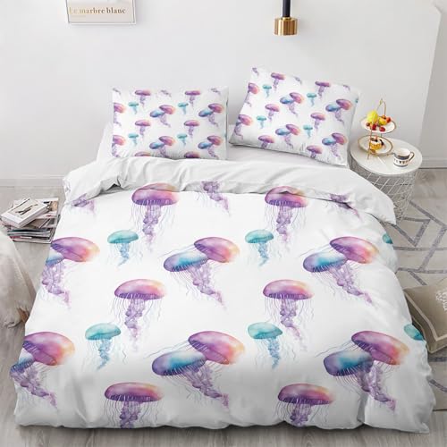 NUEYSP Bettwäsche 200x220 Qualle Bettwäsche-Sets 3D-Motiv, Mikrofaser, 1 Bettbezug 200x220 + 2 Kissen 80x80 mit Verdecktem ReißVerschluss für Mädchen Jungen. von NUEYSP