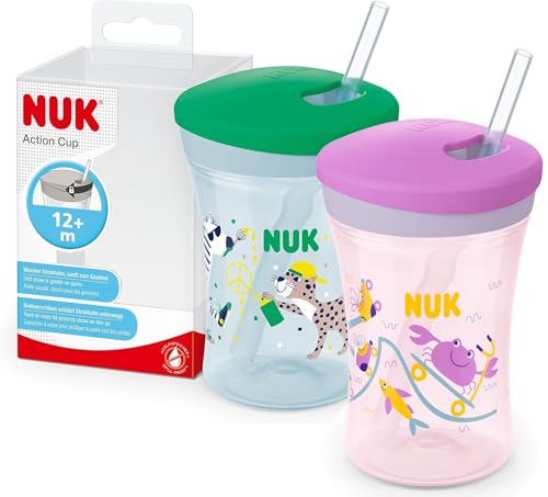 NUK Action Cup Trinkbecher für Kinder im praktischen Doppelpack | 12+ Monate | 230 ml | Drehdeckel mit weichem Strohhalm | auslaufsicher | BPA-frei | lila & grün | 2 Stück von NUK