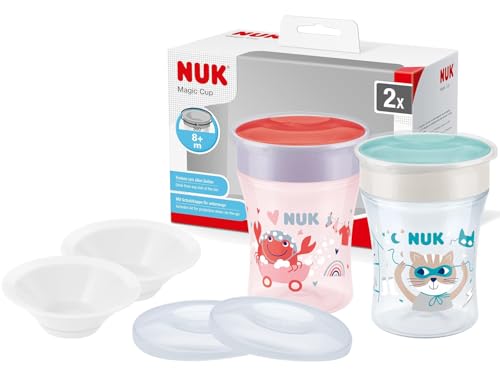 NUK Magic Cup 2er Set – Krabbe & Katze, 230ml + 2 Ersatzdeckel & 2 Trinktüllen – BPA-frei, auslaufsicherer Trinklernbecher ab 8 Monate von NUK