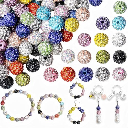 NUKAYAI 100 Stück 10 mm Strassperlen zur Schmuckherstellung, 15 verschiedene Farben, Ton-Strassperlen zum Basteln, Shamballa-Disco, glitzernde Strassperlen für Armbänder, Baseball-Halsketten, Ohrringe von NUKAYAI