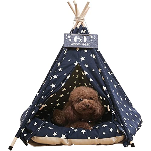 NUKied Tipi Zelt für Haustiere mit Kissen | Abnehmbar und Waschbar Hundezelt Katzenzelt Haustierzelte | Haustierbett Wegklappen | Verschließbare Fronttür Hundebett Katzenbett 51x51x61cm von NUKied