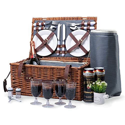 Weidenkorb Picknickkorb für 4 Personen mit Isoliertem Kühlfach und Wasserdichter Decke|Willow Hamper Besteck-Service-Set|große Weiden-Picknickkorb-Sets für Camping im Freien (Braun) von NUKied