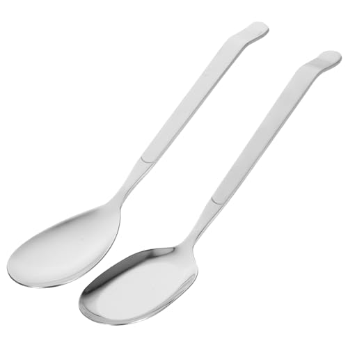 NULYLU 2 Stück Edelstahl Servierlöffel mit Langem Griff Robuster Großer Suppenlöffel und Flacher Löffel Hitzebeständig Vielseitig für Buffet Restaurant Party und Haushalt Geeignet von NULYLU