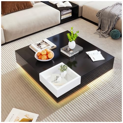 Couchtisch Hochglanz Schwarz mit LED Beleuchtung – Moderner 2 Ebenen Wohnzimmertisch 33.66 x 31.89 x 4.53 in mit Stauraum und Ablageflächen, Quadratische Form für zeitgemäße Wohnzimmer Einrichtung von NUMNBE