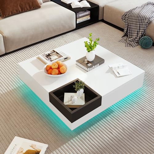 Couchtisch Hochglanz Weiß mit LED Beleuchtung – Moderner 2 Ebenen Wohnzimmertisch 33.66 x 31.89 x 4.53 in mit Stauraum und Ablageflächen, Quadratische Form für zeitgemäße Wohnzimmer Einrichtung von NUMNBE