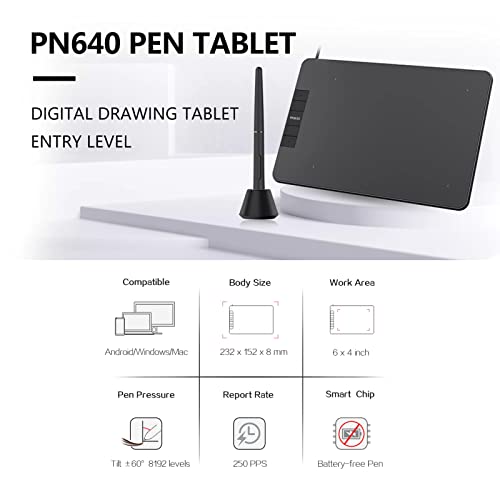 Digitales Grafiktablet 6 x 4 Zoll mit 8192 Druckstufen neigbarer Stift batteriearm kompatibel für PC Laptop Android von NUMNBE