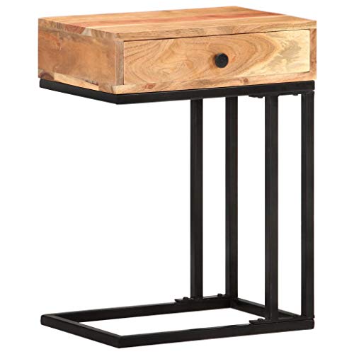 NUMNBE Beistelltisch U Form 45x30x61 cm Massivholz mit Schublade und Stahlgestell Naturfarben Stabil und Praktisch von NUMNBE