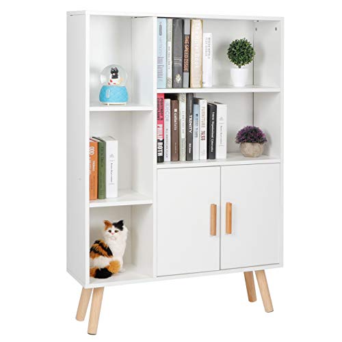 NUMNBE Moderne Bücherregal mit Doppel-Türenschrank - Stabiler Aufbewahrungsschrank aus Holzwerkstoff für Home Office und Wohnzimmer, Elegantes Design in Weiß von NUMNBE