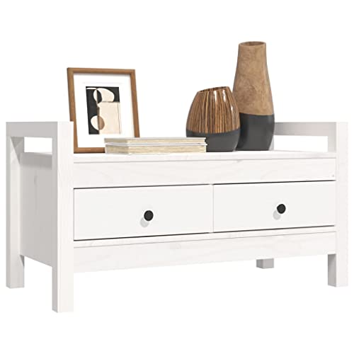 NUMNBE Flurbank Holz 80x40x43 cm Weiß mit 2 Schubladen Stauraum aus Kiefernholz Sitzbank für Eingangsbereich und Wohnzimmer von NUMNBE
