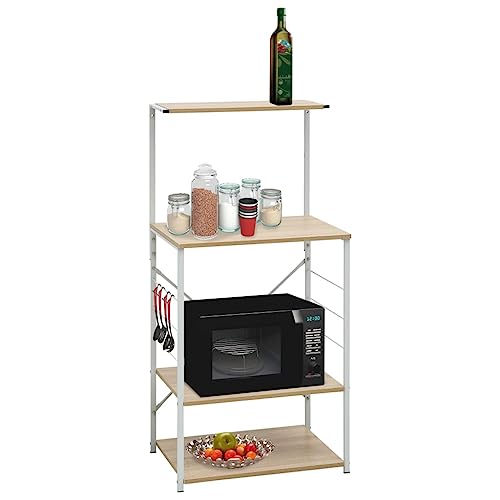 NUMNBE Küchenregal 4 Ebenen 60x40x123 cm weiß Eichenoptik mit Haken Stahlgestell belastbar für Mikrowelle und Aufbewahrung von NUMNBE