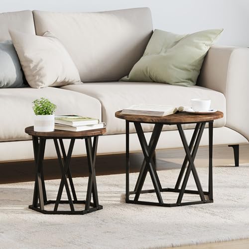 NUMNBE Moderner Couchtisch rund 80 cm geräuchertes Eichenholz geometrisches Metallgestell Wohnzimmer von NUMNBE
