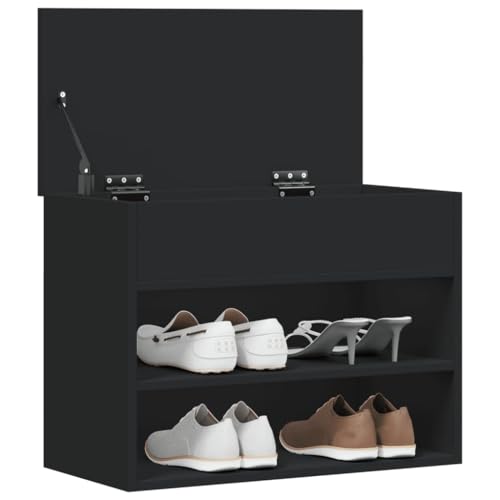 NUMNBE Schuhbank 60x30x45 cm Schwarz mit 2 Ablagen und Sitzfläche aus Holz für Schuhorganisation Wohnzimmer Flur von NUMNBE