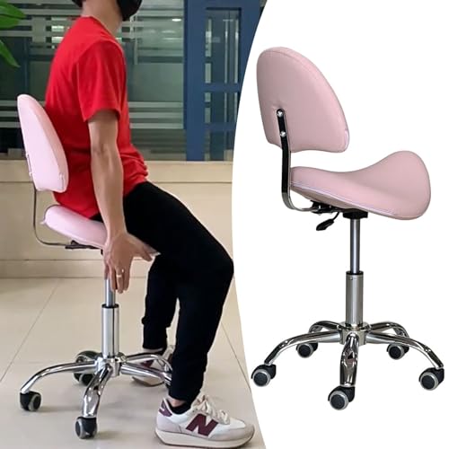 NUNETH Sattelhocker Rosafarbener Sattelstuhl mit Rückenlehne, Ergonomischer Rollsattelsitzhocker Verstellbar, Hebe- und Drehstuhl für Den Zahnarzt-, Büro-, Kosmetik- und Laborbereich von NUNETH
