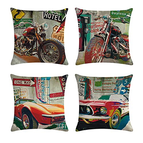 Kissenbezüge 4er Set Kissenbezüge 45×45 cm Retro-Punk-Motorräder und -Autos für Sofa Schlafzimmer Couch Outdoor Kissen von NUNGBE