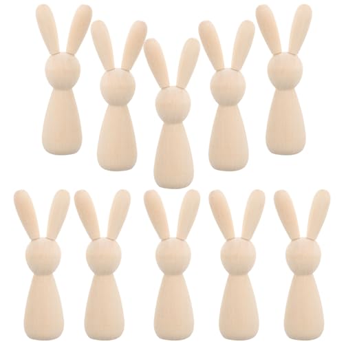 NUOBESTY 10 Stück Unvollendete Holzpflockpuppen Figuren Hasenpuppenfigur Unbemalte Pflockpuppen Blanko Holzhasenpuppe Tierpuppenkörper Für DIY Handwerk Kunst Zuhause Ostern Party Dekoration von NUOBESTY