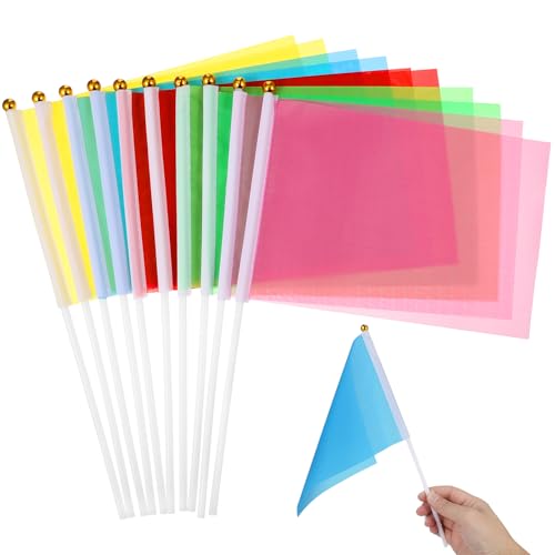 NUOBESTY 50 Stück bunte Stockflaggen Handflaggen klein massiv Handflagge für Paraden Festival Events Feier (rosa, grün, rot, gelb, blau) von NUOBESTY