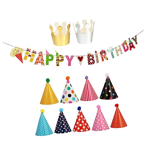 NUOBESTY Party Goldene Papierkronen Geburtstagsdekoration mit Bunting und Geburtstagsmützen Langlebig Vielseitig Einsetzbar für Kindergeburtstag und Feierlichkeiten von NUOBESTY