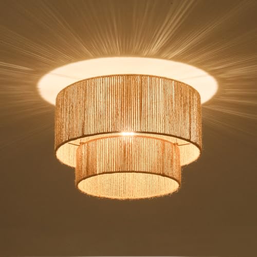 Boho Rattan Deckenlampe – 40 cm Rustikale Bambus-Deckenleuchte Boho Korb Lampe für Schlafzimmer, Wohnzimmer Küche, E27 Sockel von NUODIFAN