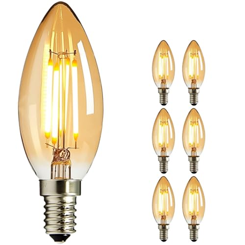 NUODIFAN LED Edison Glühbirne E14, 6x Vintage Kleine LED Kerze Birne Antike Lampe (Warmweiß 4W 2700K Amber Glas) Dekorative Retro Glühbirne Ideal für Kronleuchter Hänge Kristalllampe von NUODIFAN