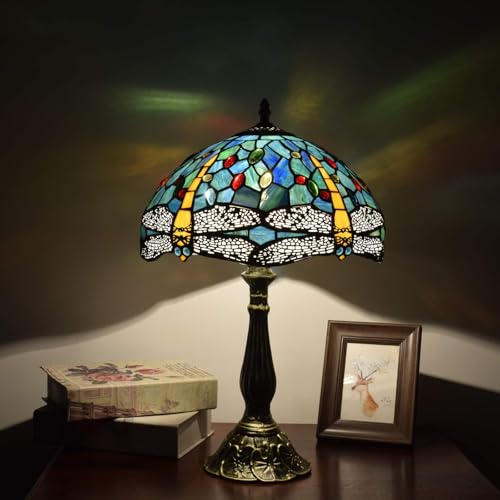 NUODITOS Tiffany Lampe Libelle Stil Glasmalerei Tischlampe Lesen Dekor Schreibtisch Licht für Nachttisch Wohnzimmer Büro Schlafsaal Esszimmer - blau grüne Libelle von NUODITOS