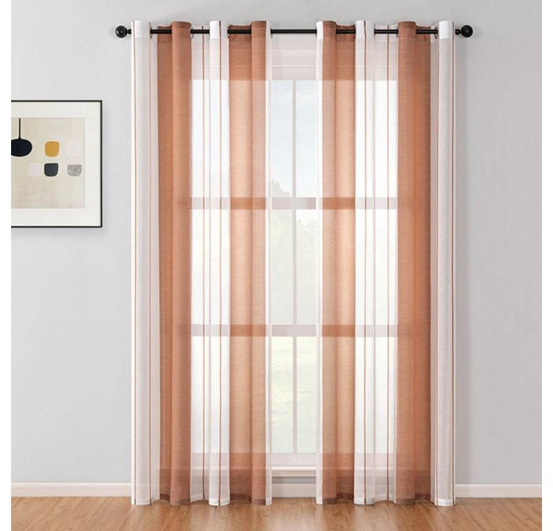 NUODWELL Gardine 2er Set Voile Gardinen mit Ösen, Kurz Streifen Vorhang Halbtransparent von NUODWELL