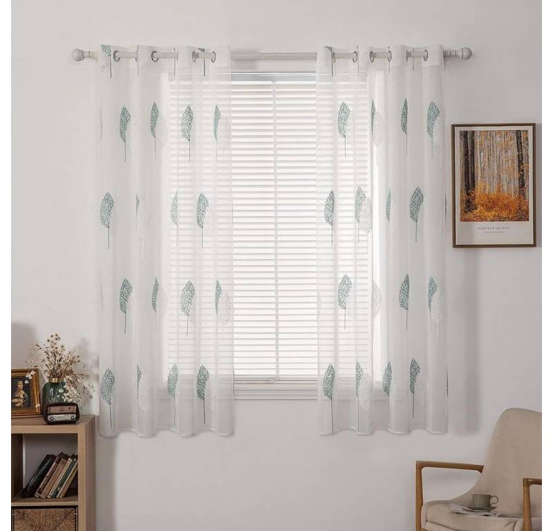 NUODWELL Gardine 2er Set Wohnzimmer Vorhänge, Modern Stickerei Blätter Muster Gardinen von NUODWELL