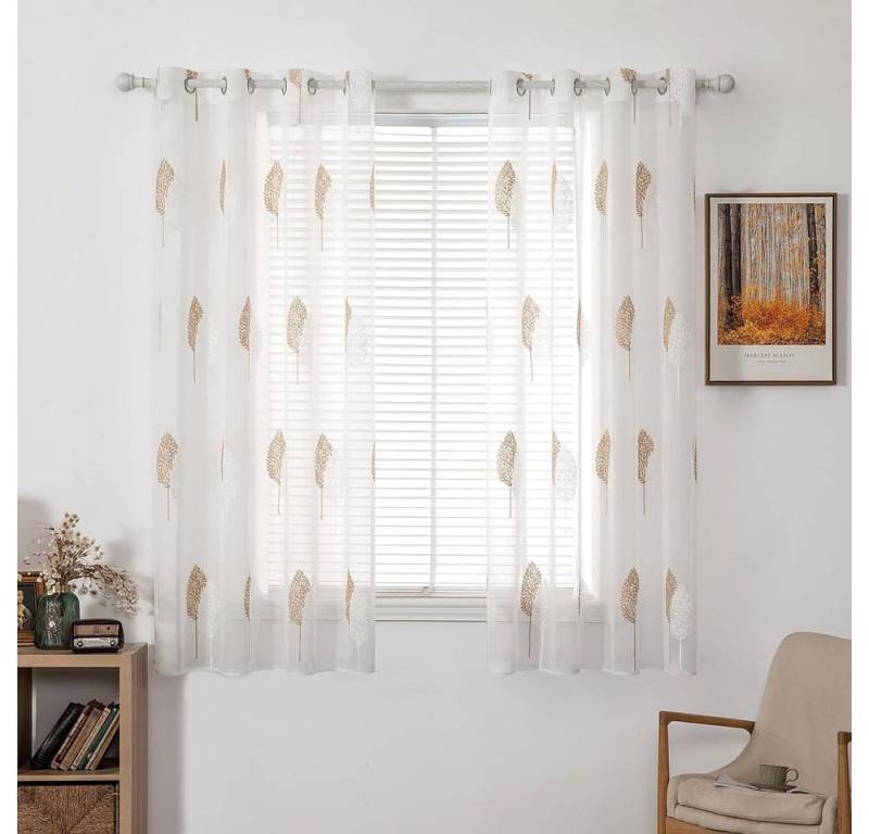 NUODWELL Gardine 2er Set Wohnzimmer Vorhänge, Modern Stickerei Blätter Muster Gardinen von NUODWELL