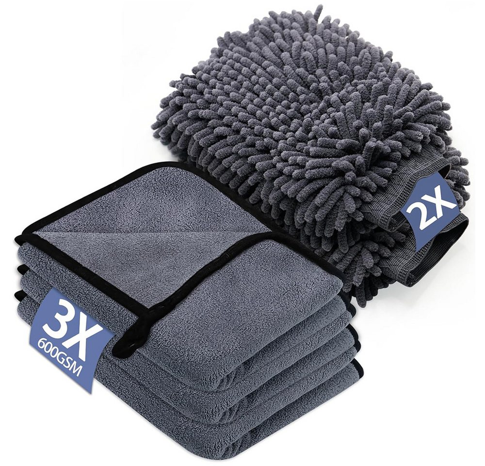 NUODWELL 5 Stück Autopflege Set, mit 3 Mikrofasertücher & 2 Mikrofaserhandschuh Mikrofasertuch (5-tlg., Auto Trockentuch zum Kratzfreien Trocknen & Polieren, Extra Saugstark) von NUODWELL