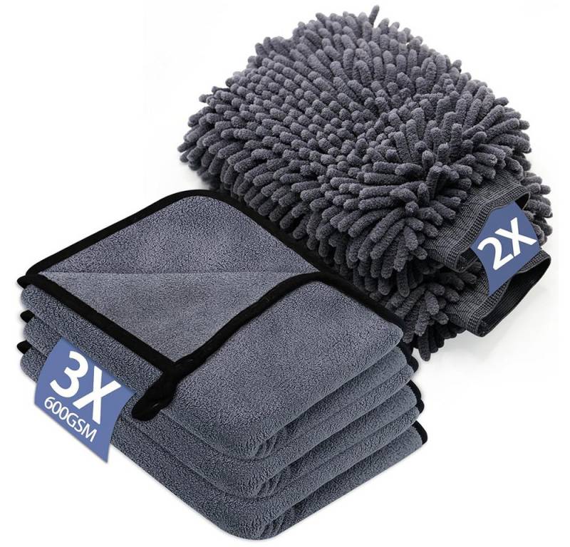 NUODWELL 5 Stück Autopflege Set, mit 3 Mikrofasertücher & 2 Mikrofaserhandschuh Mikrofasertuch (5-tlg., Auto Trockentuch zum Kratzfreien Trocknen & Polieren, Extra Saugstark) von NUODWELL