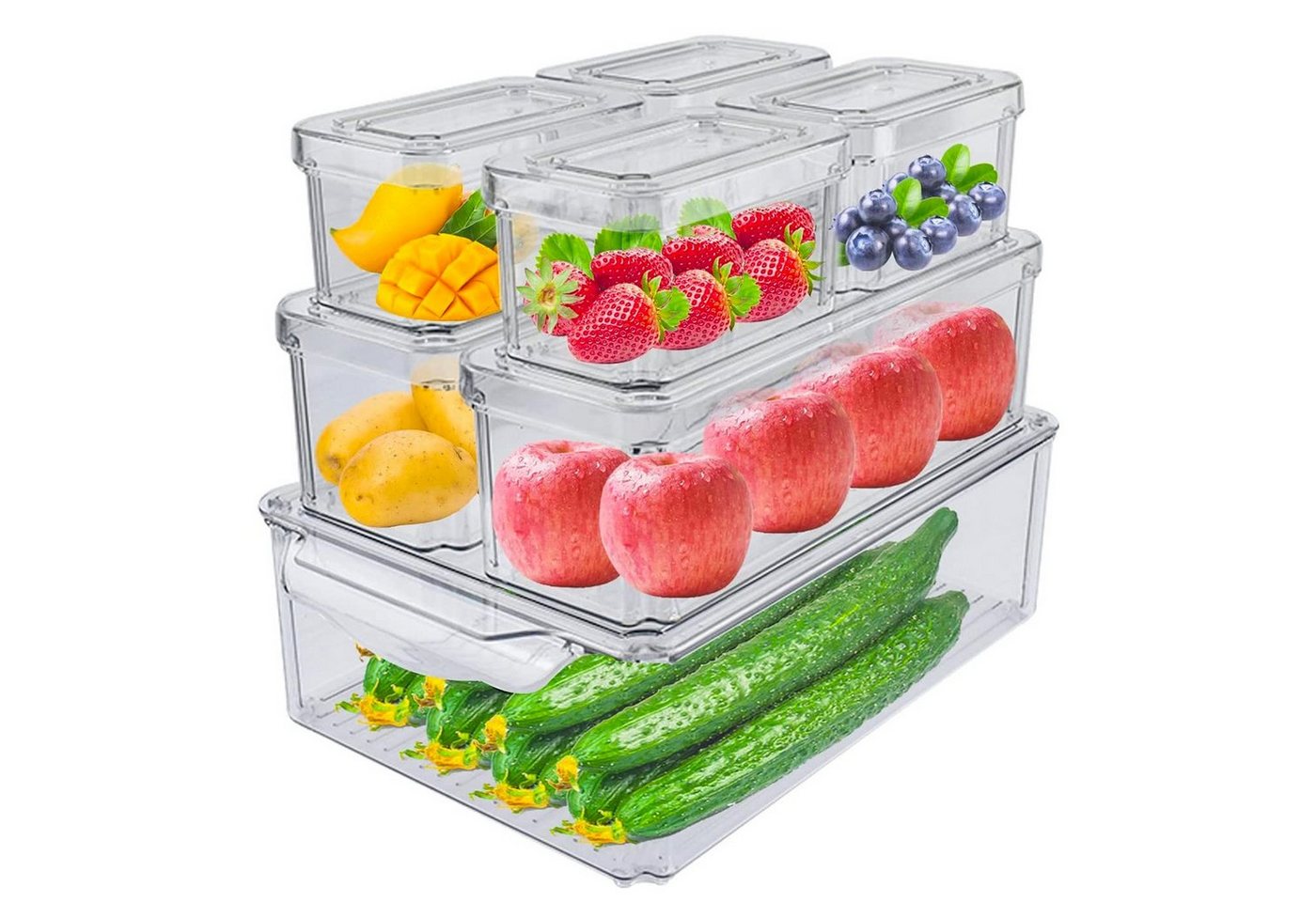 NUODWELL Aufbewahrungsbox Korbeinsatz mit Deckel für Kühlschrank, Stapelbar, BPA Frei,7er-Set (7 St) von NUODWELL