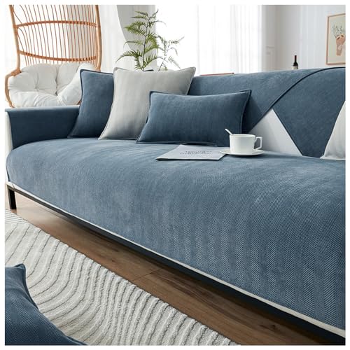 NUODWELL Fischgrätenmuster Chenille Sofabezug 1/2/3/4 Sitzer, Möbelschutz Couchbezug Universal rutschfest, L-Form Couchbezug gesteppte Eckhussen für Wohnzimmer (Grau Blau, 90 x 160 cm) von NUODWELL