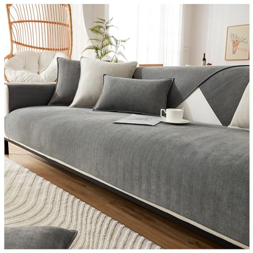 NUODWELL Fischgrätenmuster Chenille Sofabezug 1/2/3/4 Sitzer, Möbelschutz Couchbezug Universal rutschfest L Form Couchbezug gesteppte Eckhussen für Wohnzimmer (Dunkelgrau, 90 x 180 cm) von NUODWELL