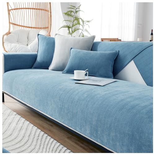 NUODWELL Fischgrätenmuster Chenille Sofabezug 1/2/3/4 Sitzer, Möbelschutz Couchbezug Universal rutschfest L Form Couchbezug gesteppte Eckhussen für Wohnzimmer (Seeblau, 70 x 210 cm) von NUODWELL