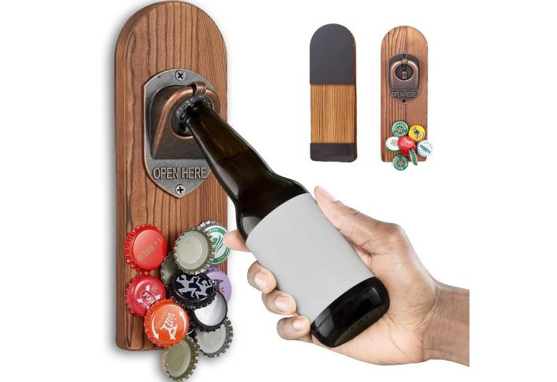 NUODWELL Flaschenöffner Wand Magnet mit Auffangbehälter, Vintage Holz Bieröffner mit Behälter, für Männer Geschenke von NUODWELL